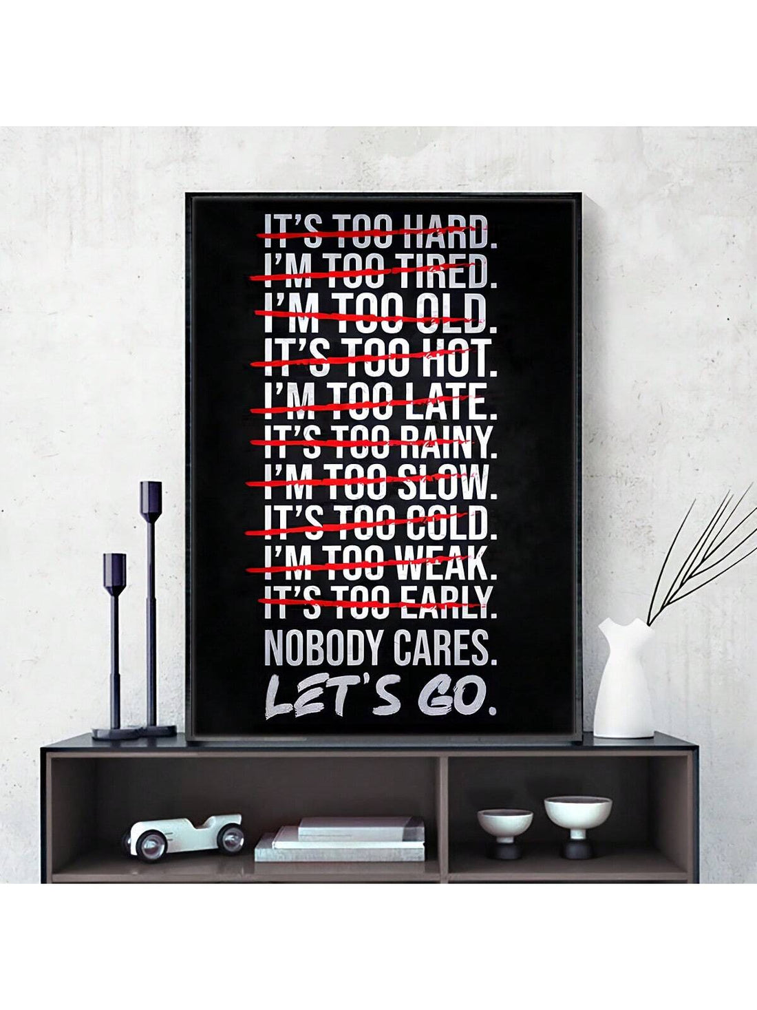 Elevate your workout space with this playful black and white minimalist canvas poster. Featuring an inspiring gym quote, it adds a touch of motivation and sleek style to any room. Perfect for those who love simple yet bold decor that keeps the energy up and the vibes light.