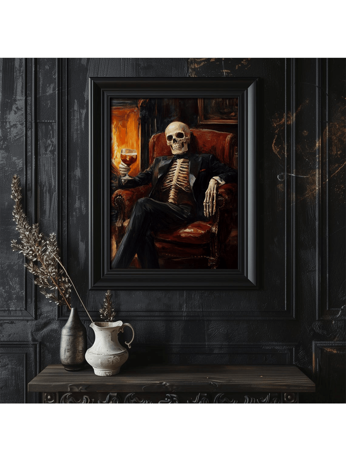 Bring spooky charm to your space with this Vintage Skeleton Bar Canvas Art. Perfect for Halloween or anytime you want to add a dash of eerie fun, it brightens up your home or office with its quirky, vintage skeleton design. Lightweight and easy to hang, this canvas makes a playful statement that’s sure to spark conversation and smiles.