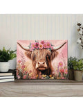 Pastel pink farmhouse cow art shown as landscape canvas