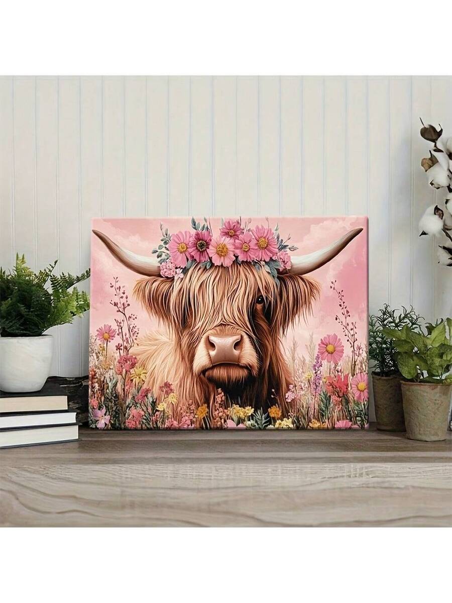 Pastel pink farmhouse cow art shown as landscape canvas