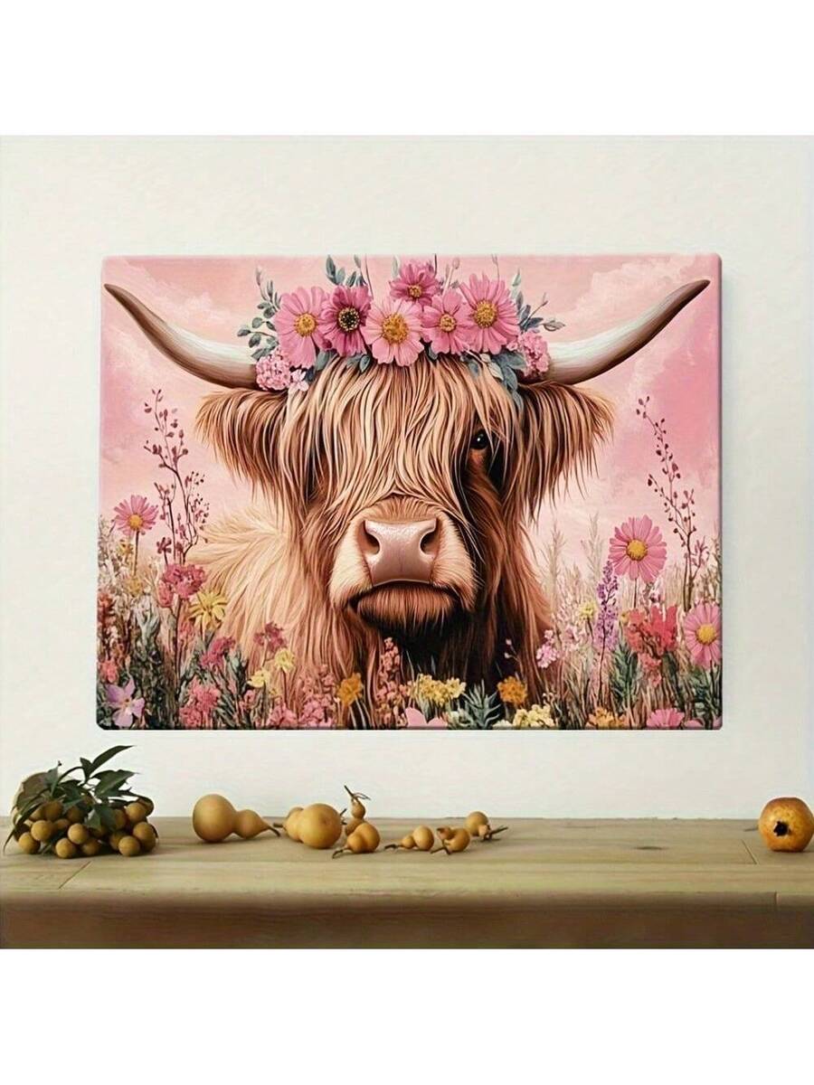 Floral Highland cow canvas with pink flowers and long horns