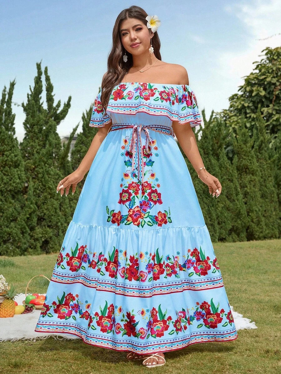 Embrace your curves and the sunshine in this playful plus size off-shoulder floral maxi dress. Its breezy A-line cut flows gracefully with every step, making it perfect for holiday adventures or garden parties. The vibrant floral pattern adds a splash of fun, while the off-shoulder design keeps things flirty and fresh all day long. Let your style bloom with effortless charm wherever you go!