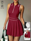 striped half zip sleeveless tennis golf mini dress with built in shorts, pleated skirt and pocket image 7