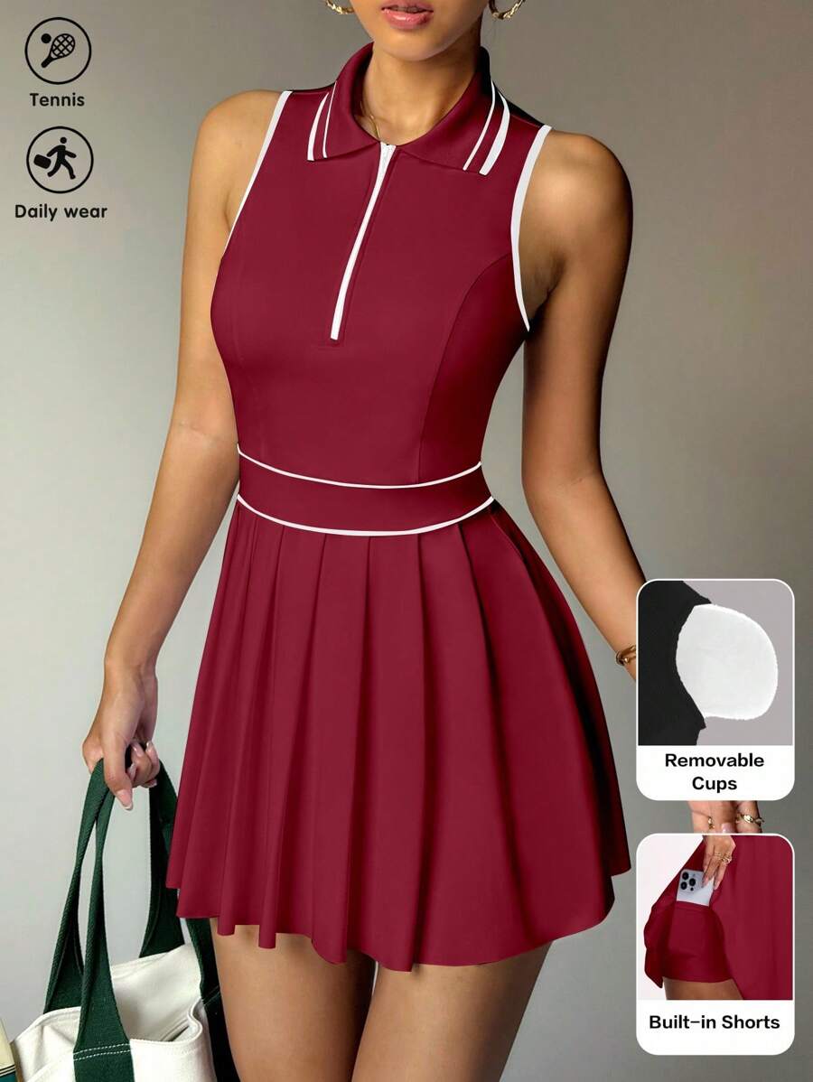 striped half zip sleeveless tennis golf mini dress with built in shorts, pleated skirt and pocket image 7