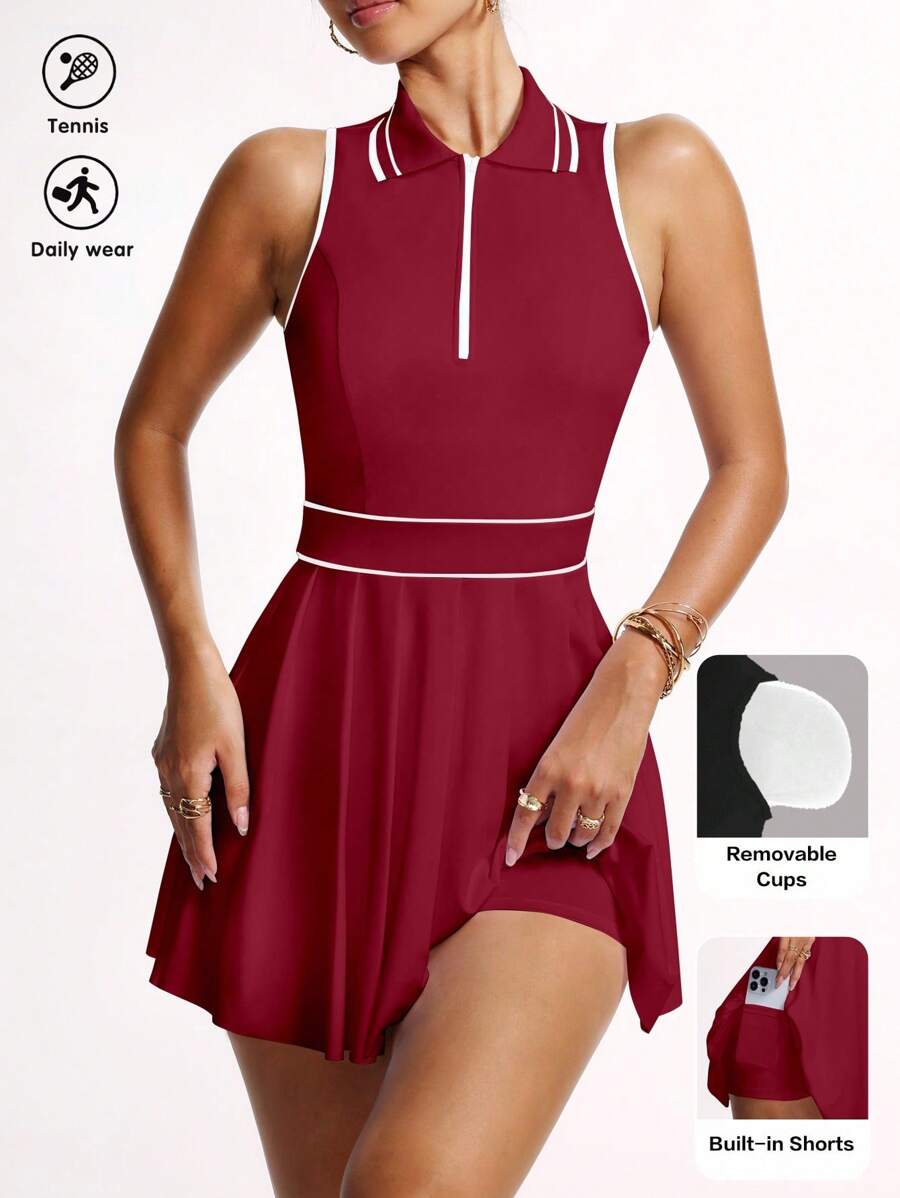 striped half zip sleeveless tennis golf mini dress with built in shorts, pleated skirt and pocket image 8