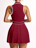 striped half zip sleeveless tennis golf mini dress with built in shorts, pleated skirt and pocket image 9