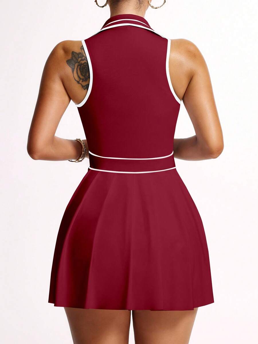 striped half zip sleeveless tennis golf mini dress with built in shorts, pleated skirt and pocket image 9