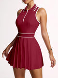striped half zip sleeveless tennis golf mini dress with built in shorts, pleated skirt and pocket image 10