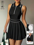 striped half zip sleeveless tennis golf mini dress with built in shorts, pleated skirt and pocket image 4