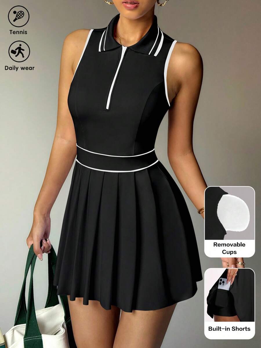 striped half zip sleeveless tennis golf mini dress with built in shorts, pleated skirt and pocket image 4
