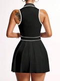 striped half zip sleeveless tennis golf mini dress with built in shorts, pleated skirt and pocket image 5