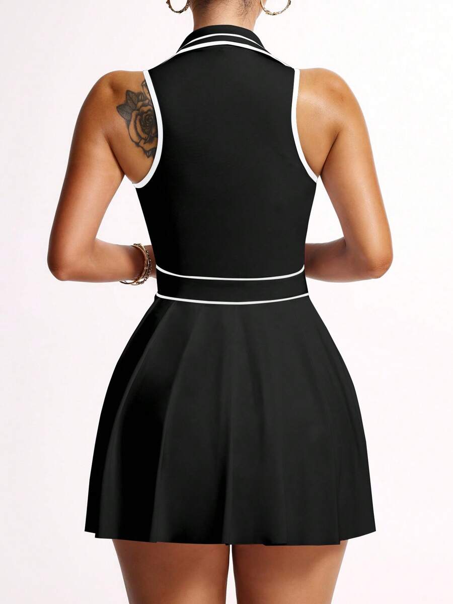 striped half zip sleeveless tennis golf mini dress with built in shorts, pleated skirt and pocket image 5