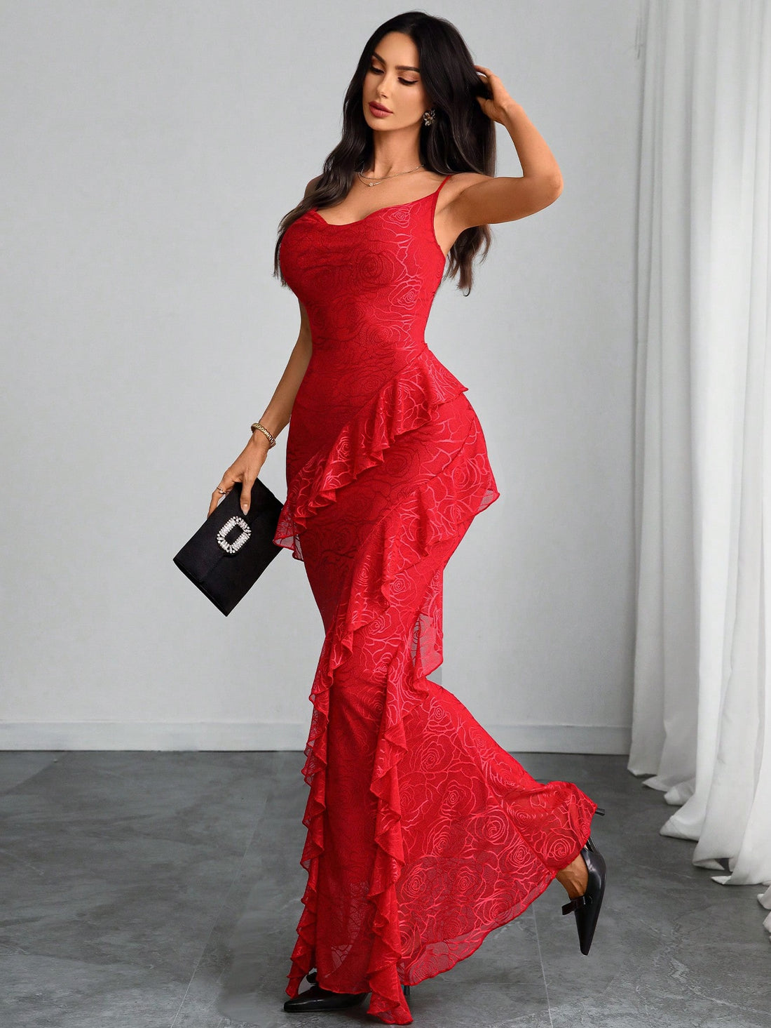 Turn heads with this stunning lace V-neck dress that perfectly blends sophistication with whimsy. The delicate lace fabric drapes beautifully while asymmetrical ruffles add an unexpected playful twist, creating movement and dimension. The flattering V-neckline elongates your silhouette, making this the ideal choice for date nights, special occasions, or whenever you want to feel effortlessly romantic. Slip it on and let your confidence shine through!