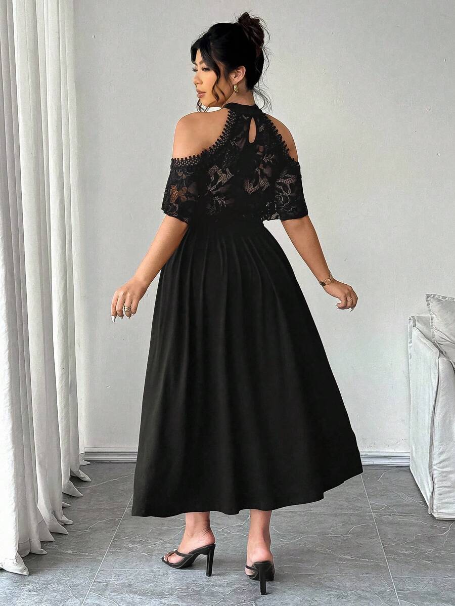Elevate your wardrobe with this fabulous plus-size dress that's equal parts chic and comfy! The flattering V-neckline draws the eye upward, while delicate lace patchwork adds texture and visual interest. Playful ruffles at the hem bring movement and personality to every step. Whether you're lounging on a beach getaway or dancing the night away at a party, this ankle-length beauty works overtime. The thoughtful design celebrates curves with confidence, making you feel amazing in every moment. Dress it up wit