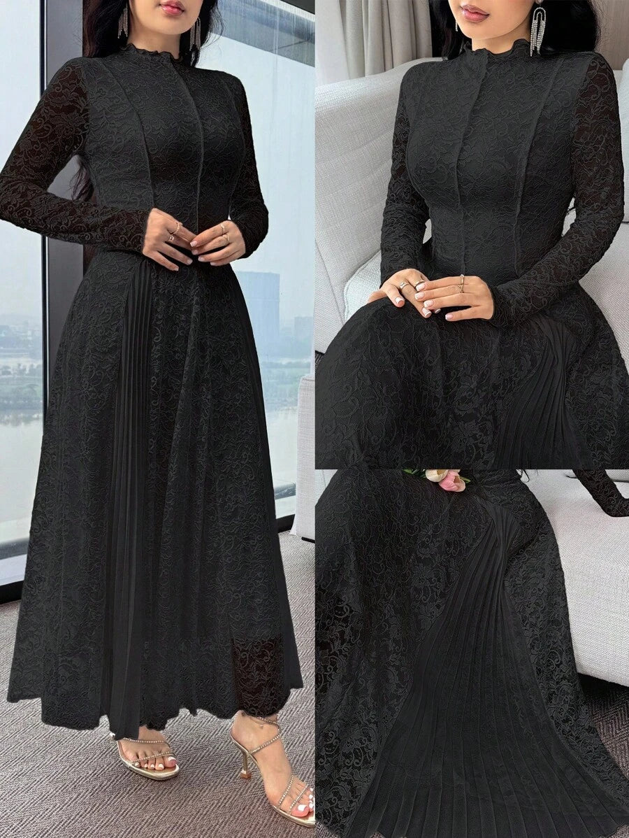 Step into autumn charm with this playful fall dress featuring a delicate floral lace collar that adds a touch of whimsy to your look. The gracefully pleated hem dances with every step, making it perfect for crisp days and cozy gatherings. Embrace the season in style and fun!