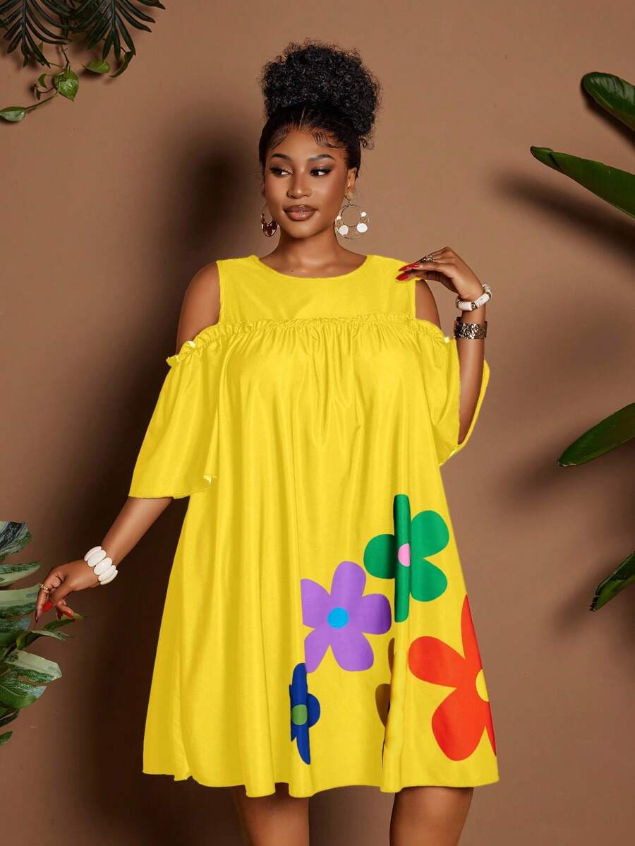 Image 24 - final view of Plus Size Casual Off-Shoulder Mini Dress with Cute Cartoon Flower Print for Summer Holidays