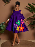 Image 19 - detail shot of Plus Size Casual Off-Shoulder Mini Dress with Cute Cartoon Flower Print for Summer Holidays
