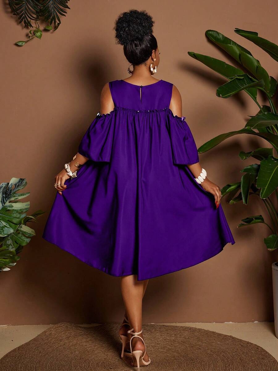 Image 20 - outfit view of Plus Size Casual Off-Shoulder Mini Dress with Cute Cartoon Flower Print for Summer Holidays