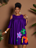 Image 21 - colorway view of Plus Size Casual Off-Shoulder Mini Dress with Cute Cartoon Flower Print for Summer Holidays