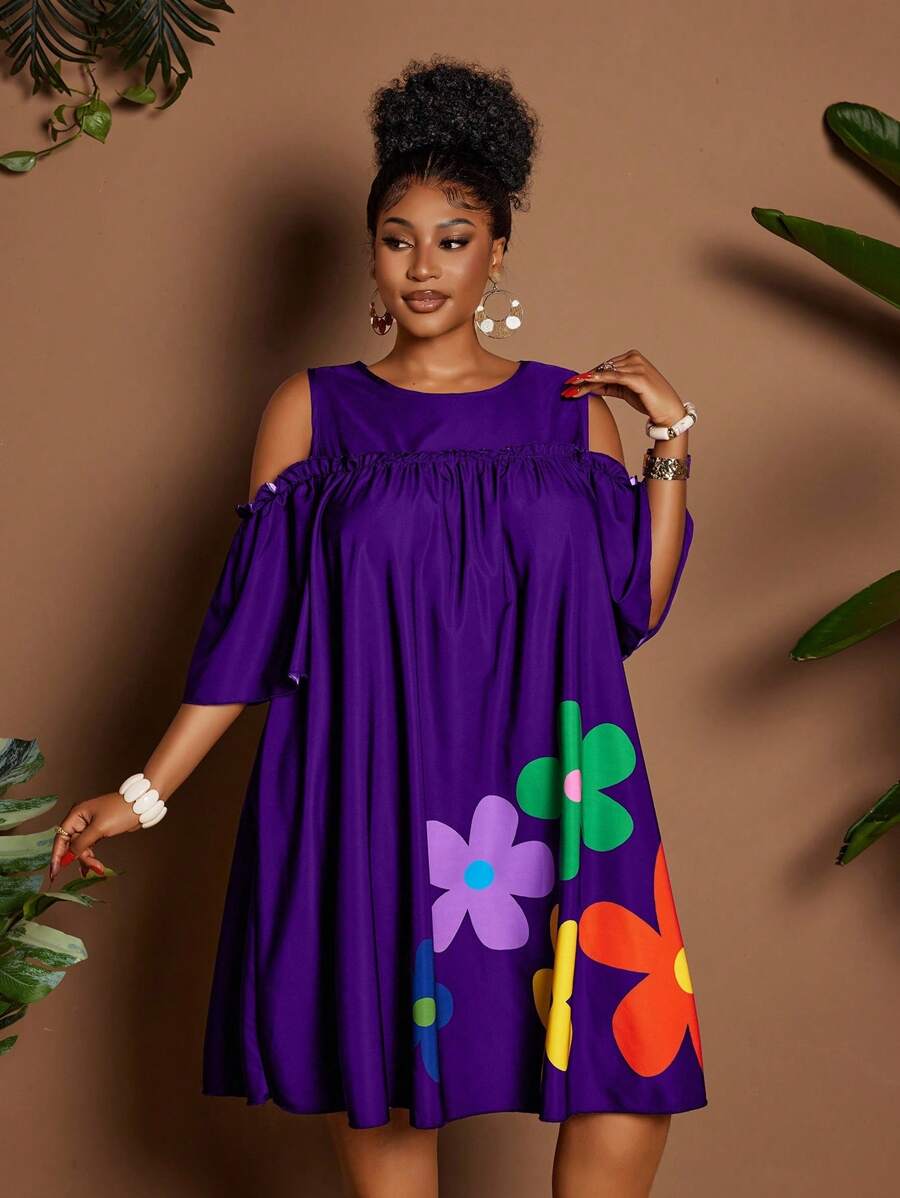 Image 21 - colorway view of Plus Size Casual Off-Shoulder Mini Dress with Cute Cartoon Flower Print for Summer Holidays