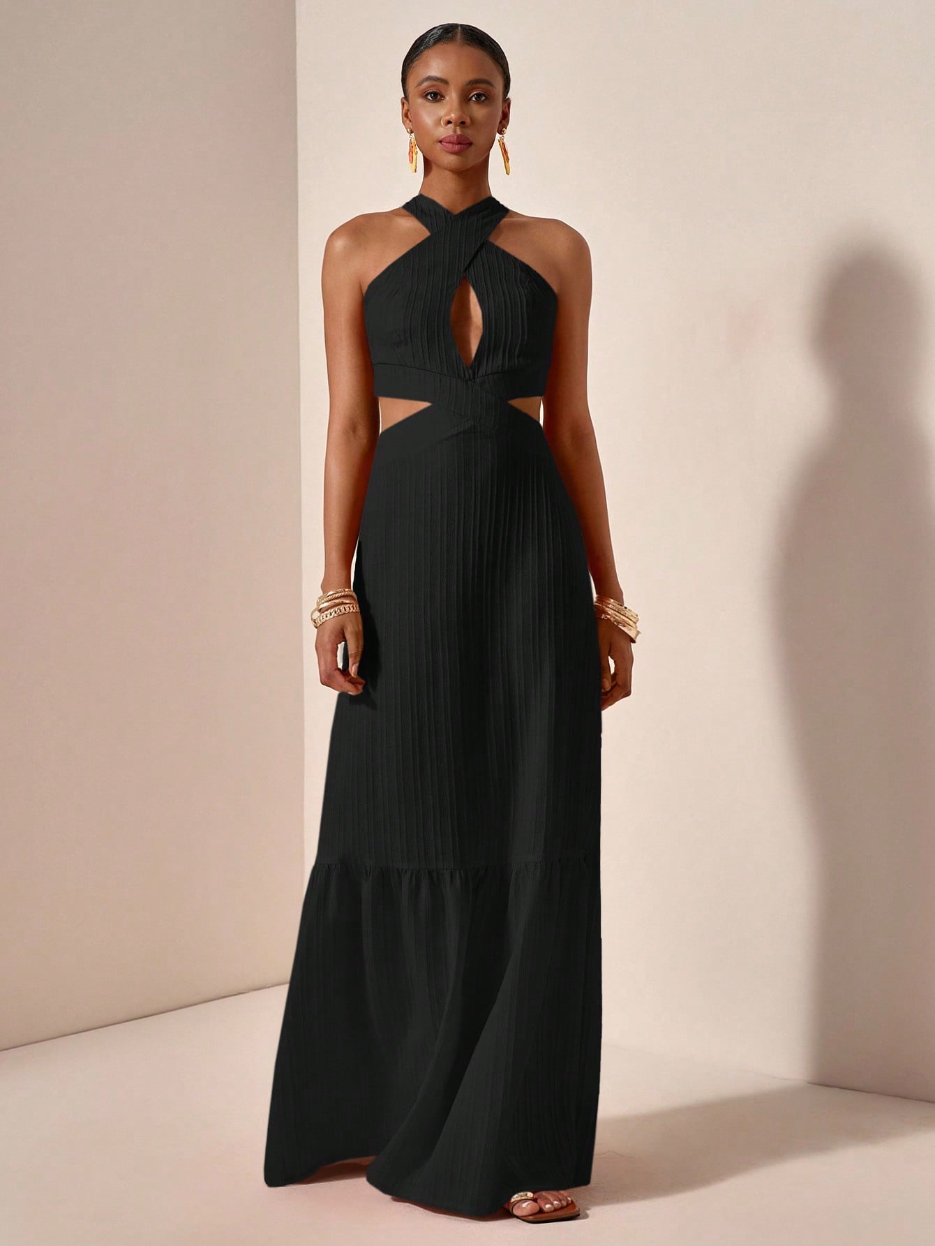Elegant & Edgy: Orange Wave Maxi Dress with Cross Halter Neck