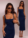 Dark indigo denim square neck bodycon midi dress front full view