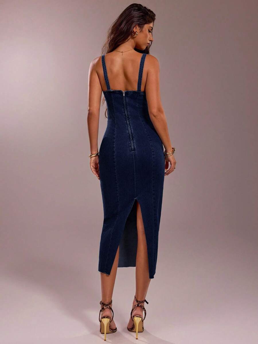 Dark indigo denim bodycon midi dress back zipper and rear slit view