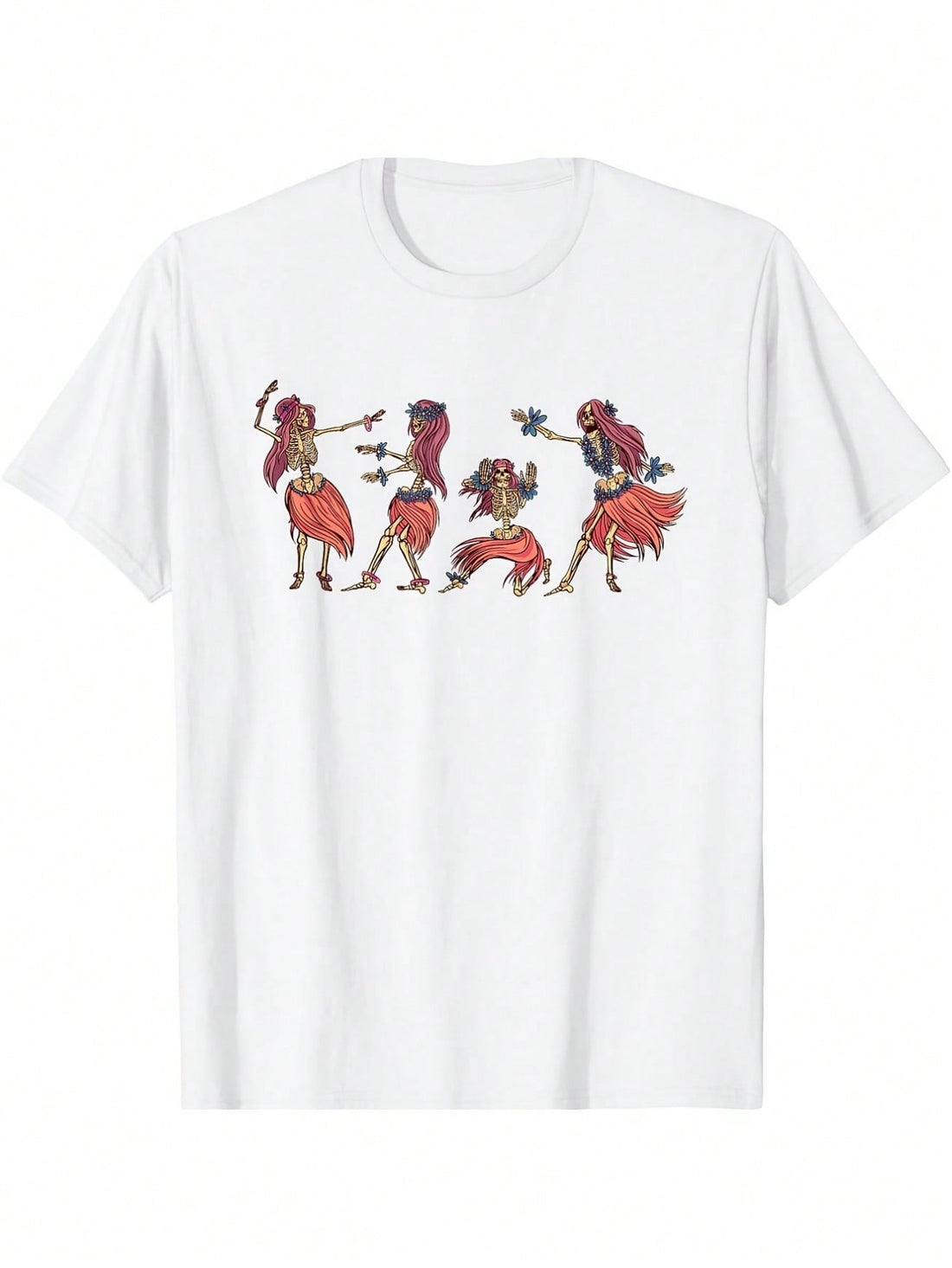 Bring some fun to your wardrobe with this Vibrant Skeleton Dancing Girl T-Shirt. Featuring a lively skeleton adorned with colorful floral prints, this casual white tee adds a playful twist to your everyday style. Perfect for those who love quirky, eye-catching designs that spark conversation and brighten any outfit.