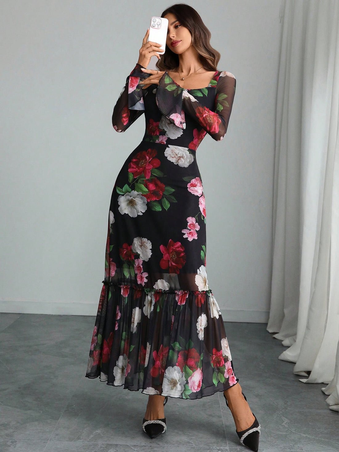 Embrace your dark romantic side in this stunning double-layered mesh dress that's equal parts moody and magical. The delicate floral patterns peek through sheer layers, while the structured square neckline and cinched waist create an hourglass silhouette that's absolutely captivating. Perfect for gothic gatherings, alternative fashion lovers, or anyone craving a dress with serious personality. This piece transforms you into the main character of your own Victorian-inspired story—mysterious, elegant, and und