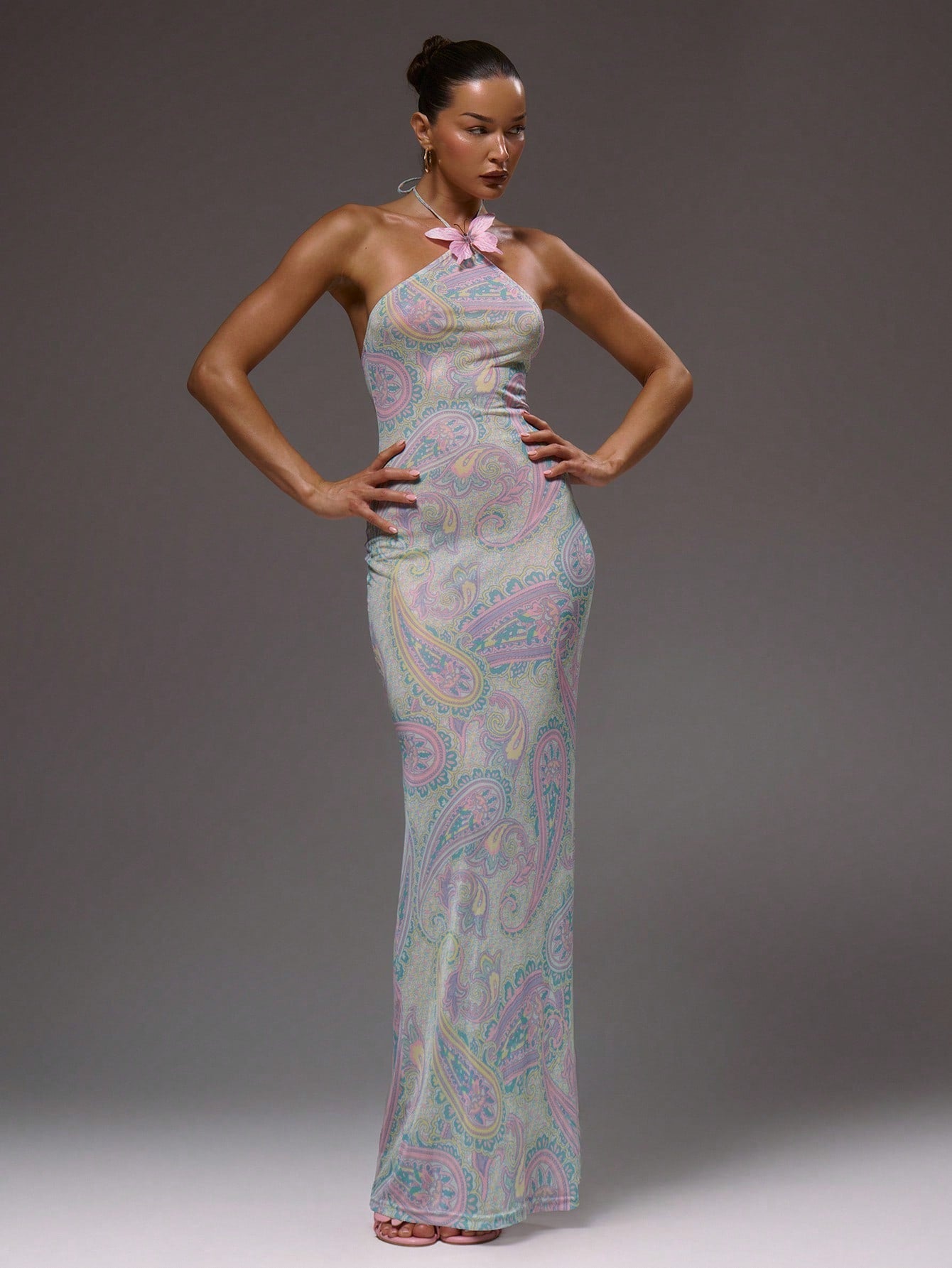 maxi dress with butterflies Goddiva Sequin Butterfly Front Split Maxi Dress