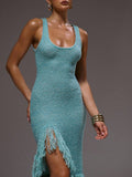 Side view of Elegant Scoop Neck Fringe Maxi Dress for Ultimate Summer and Holiday Style for women dress styling