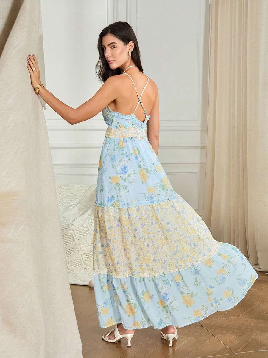 Light yellow A-line maxi dress with mixed floral panels