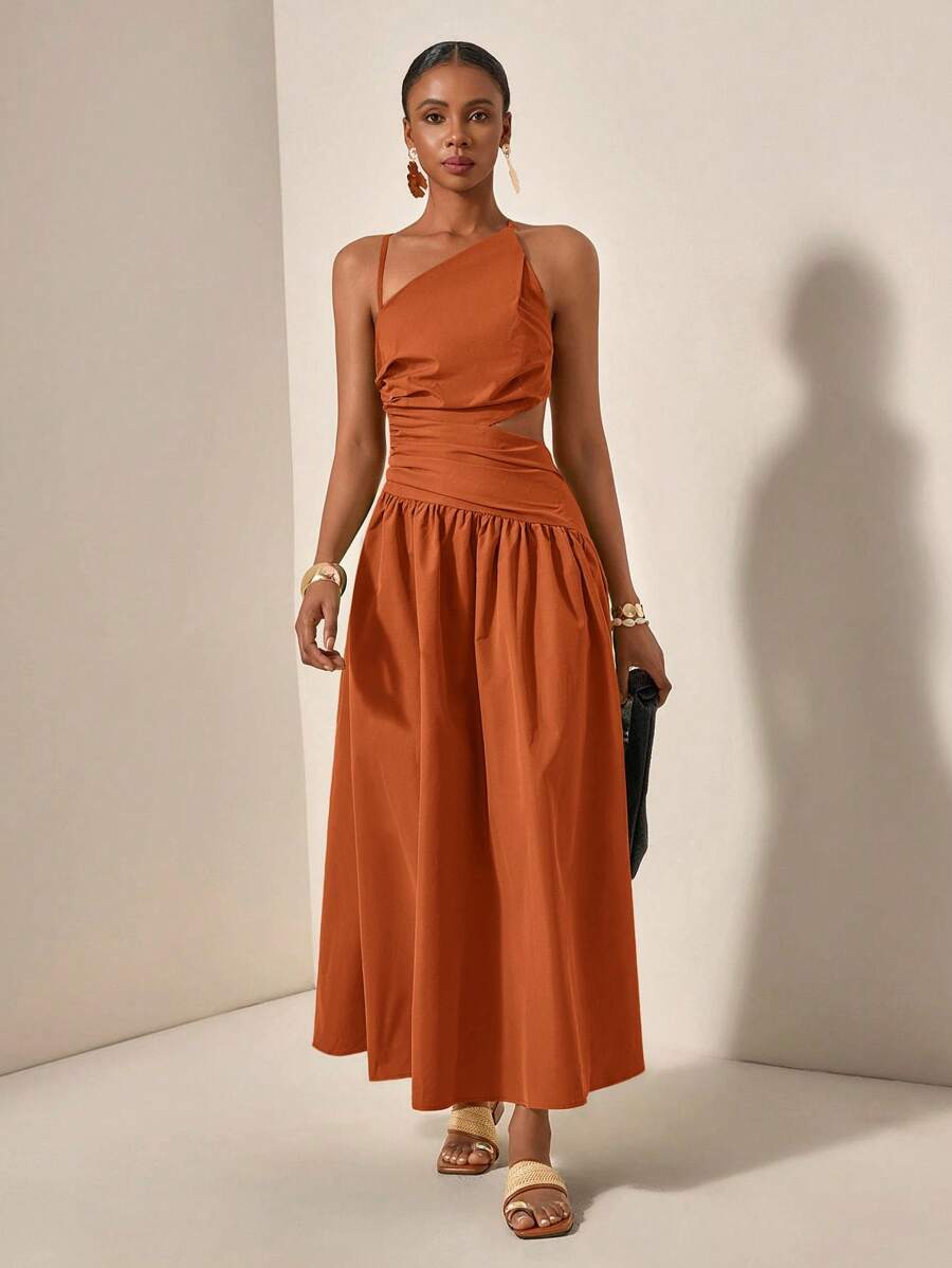 Rust one-shoulder maxi dress with side cutout and gathered skirt