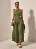 Olive green one-shoulder cutout maxi dress front view