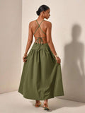Back view olive green open-back crisscross tie maxi dress