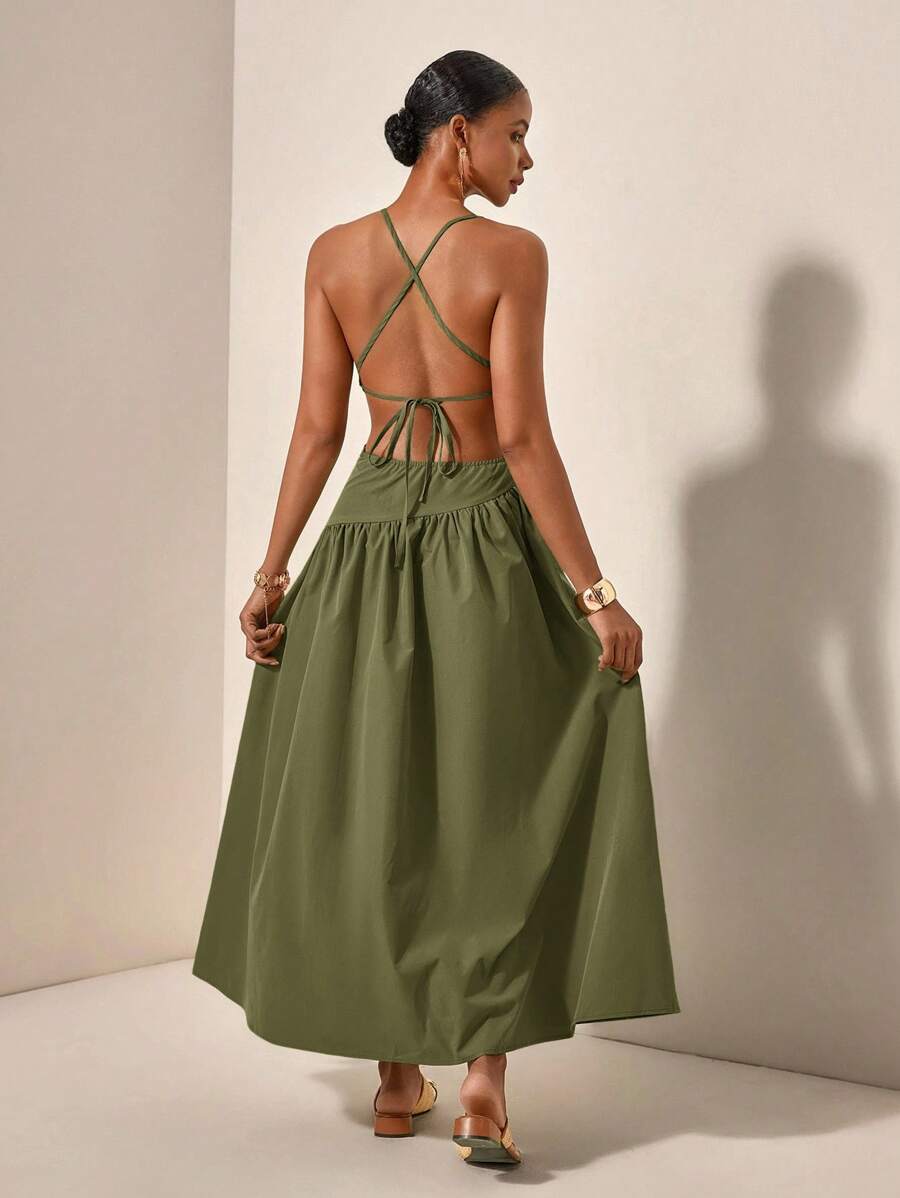 Back view olive green open-back crisscross tie maxi dress