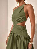 Close-up olive green one-shoulder maxi dress with waist cutout
