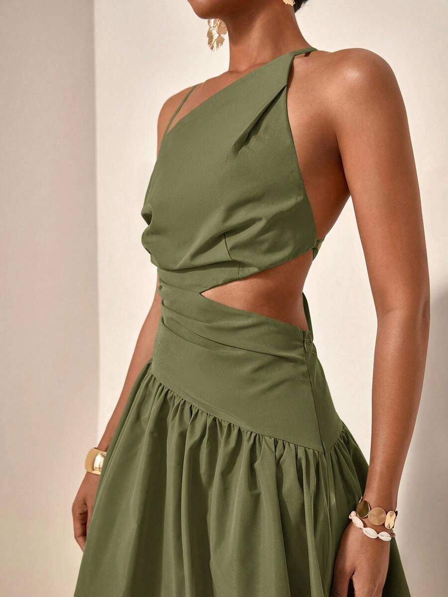 Close-up olive green one-shoulder maxi dress with waist cutout
