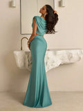 Teal draped two-piece evening set with high-waisted skirt
