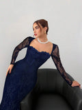 Navy lace evening dress with low scoop back