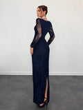 Navy lace maxi gown with sheer sleeves and back slit