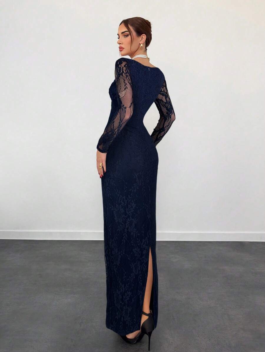Navy lace maxi gown with sheer sleeves and back slit