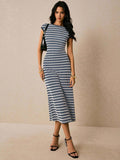 Navy white striped sleeveless knit midi dress front view