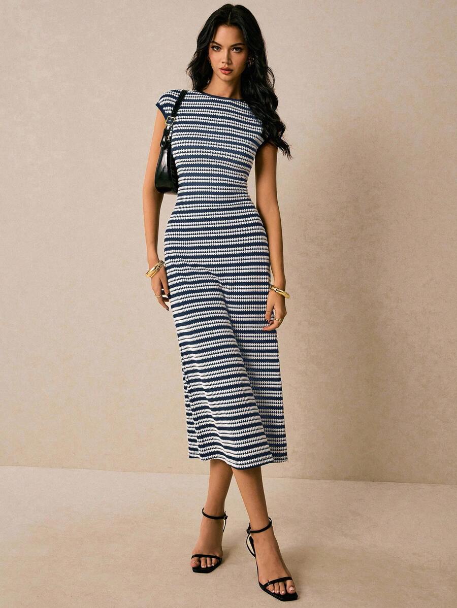Navy white striped sleeveless knit midi dress front view