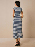 Navy white striped sleeveless knit dress back view