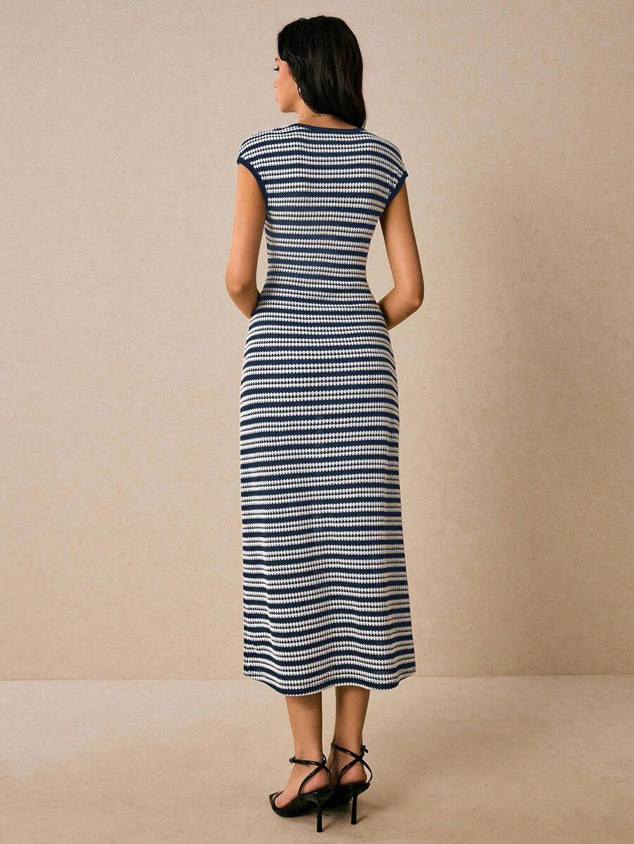 Navy white striped sleeveless knit dress back view