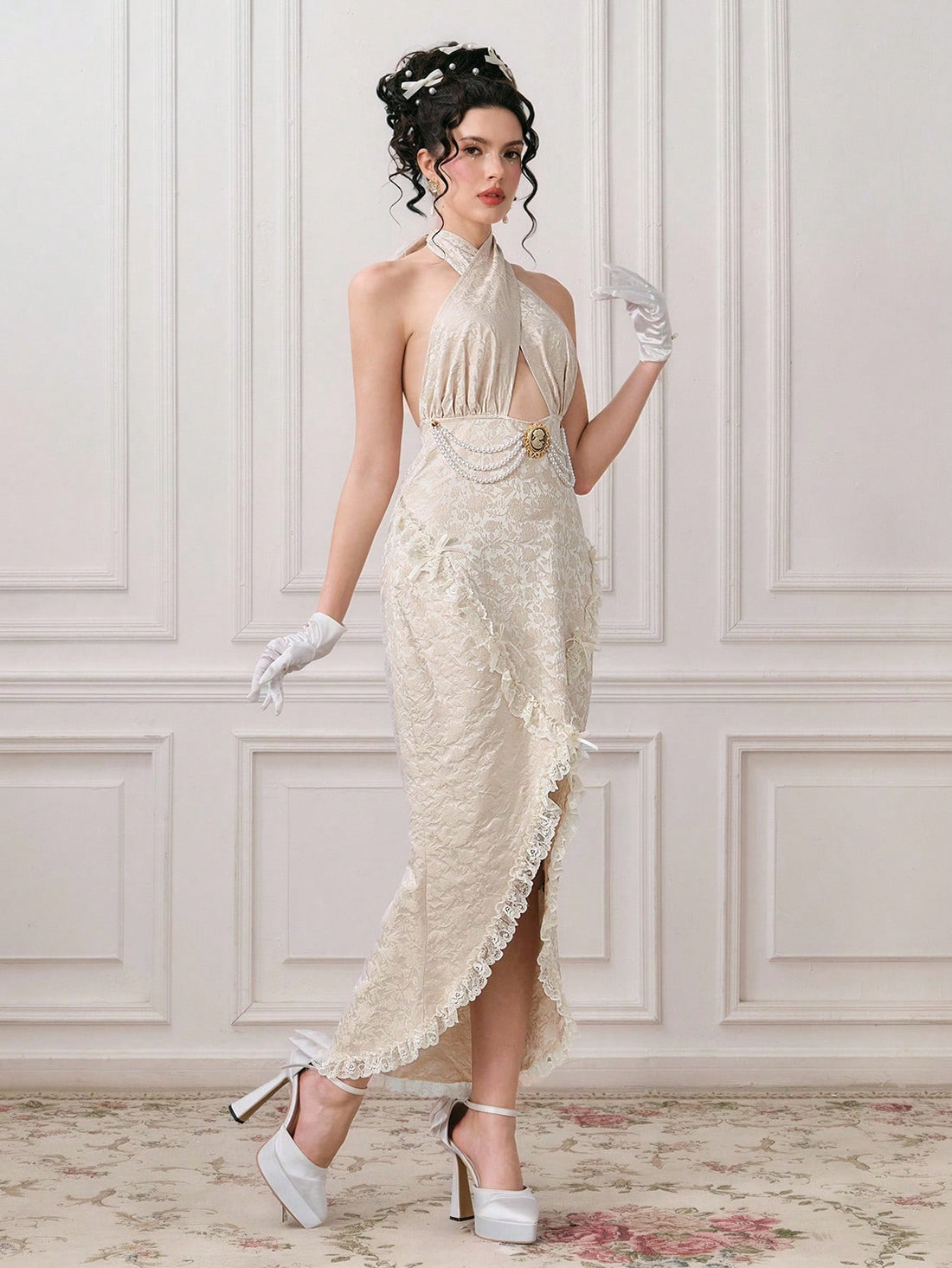 Step into an enchanted realm with this mesmerizing mermaid maxi dress, where vintage jacquard patterns dance across luxurious fabric adorned with shimmering pearl embellishments. The flowing silhouette captures palace-inspired elegance, perfect for gala nights, formal celebrations, or anyone craving a touch of fairy-tale glamour. Intricate detailing and regal draping transform you into the star of any sophisticated soirée. A showstopping choice for those who dare to dazzle.