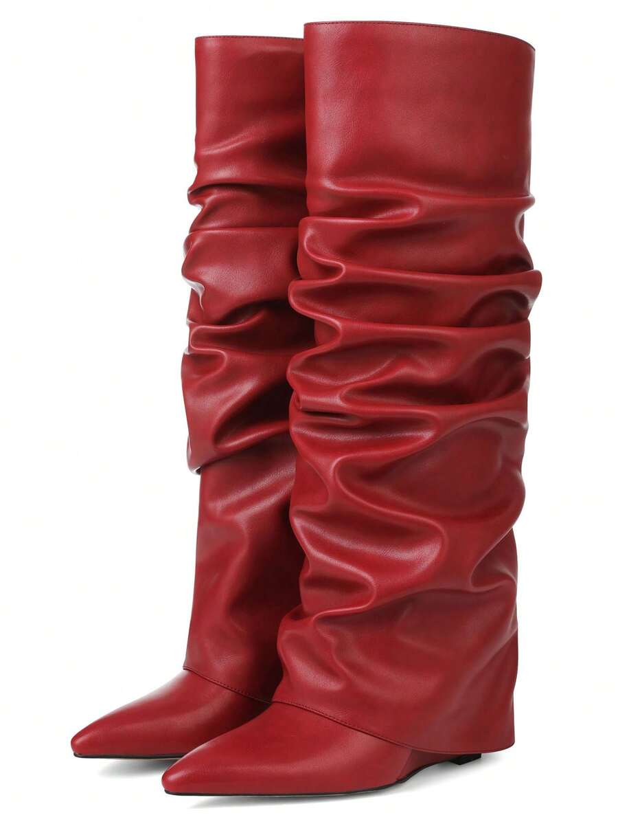 Side view of Punk Goth Mid-Calf Motorcycle Boots with Chunky High Heels - Fashionable Slouched Ruched Style for Women for punk motorcycle boot styling