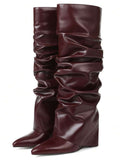 Ruched shaft view of Punk Goth Mid-Calf Motorcycle Boots with Chunky High Heels - Fashionable Slouched Ruched Style for Women for punk motorcycle boot styling