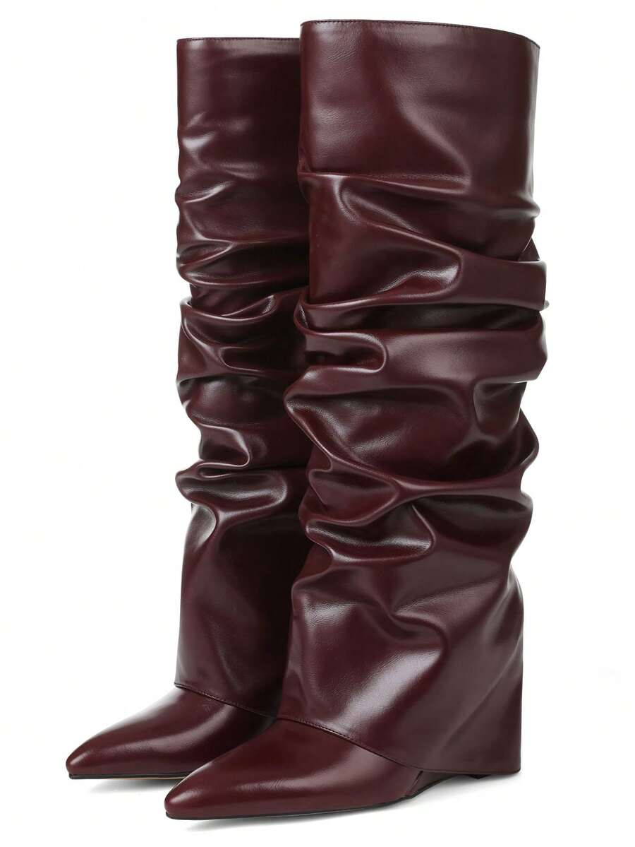Ruched shaft view of Punk Goth Mid-Calf Motorcycle Boots with Chunky High Heels - Fashionable Slouched Ruched Style for Women for punk motorcycle boot styling